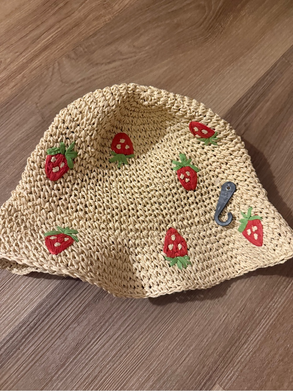 Straw Bucket Hat with Red Strawberry Embroidery